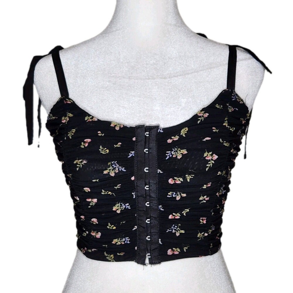 Forever 21 Corset Cami Crop Top Small Black Pink Floral Mesh Ruched Cottagecore